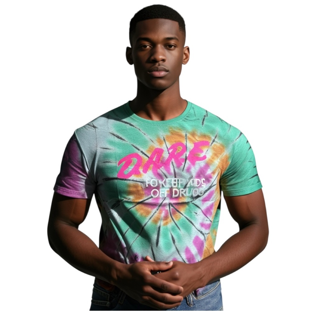 DARE Shirt Mens Tie Dye Black Faded Keep Kids Off Drugs Casual Retro